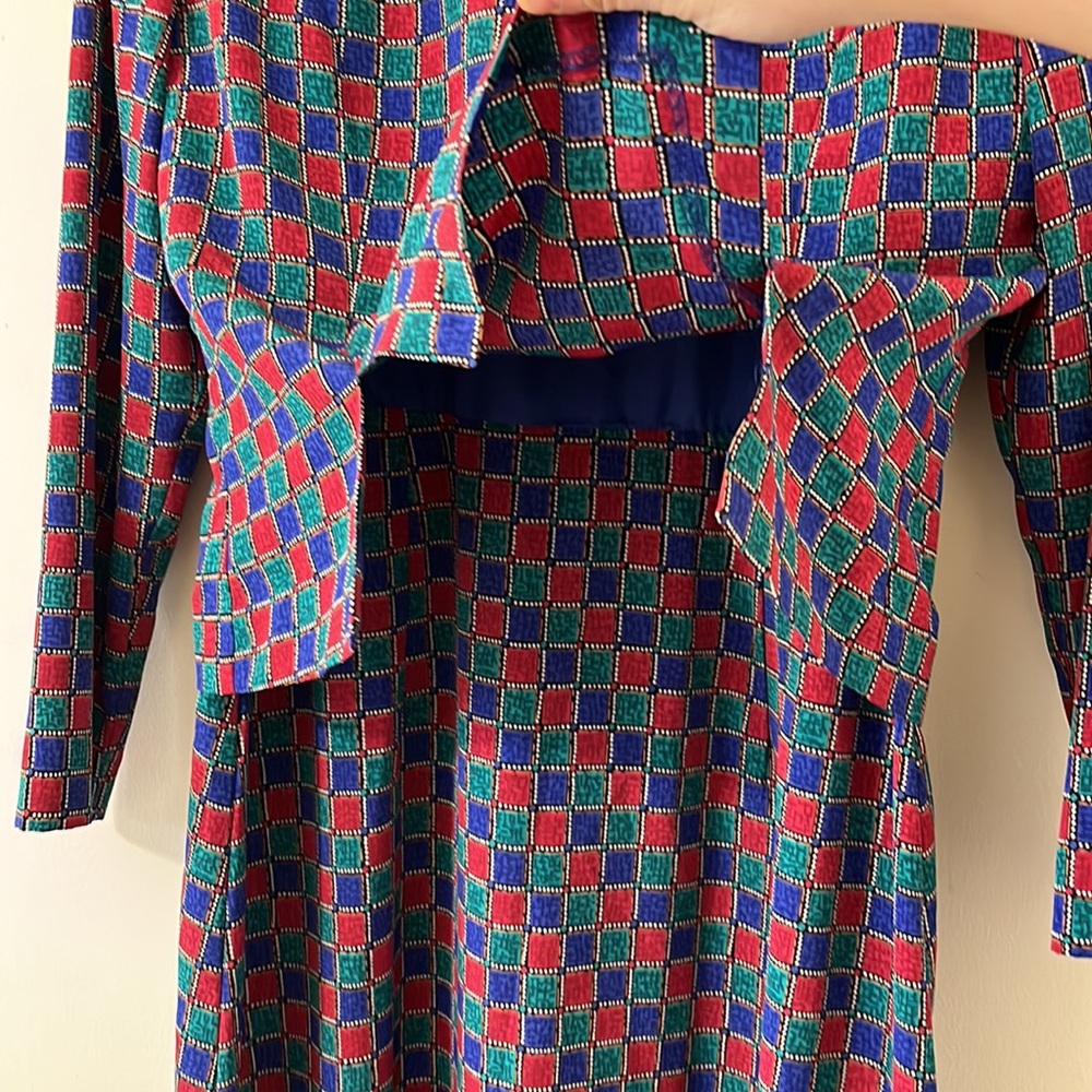 Vintage Talbots Red Blue Green Check Long Sleeve Tiered Overlay Dress Size 8P - Picture 5 of 8